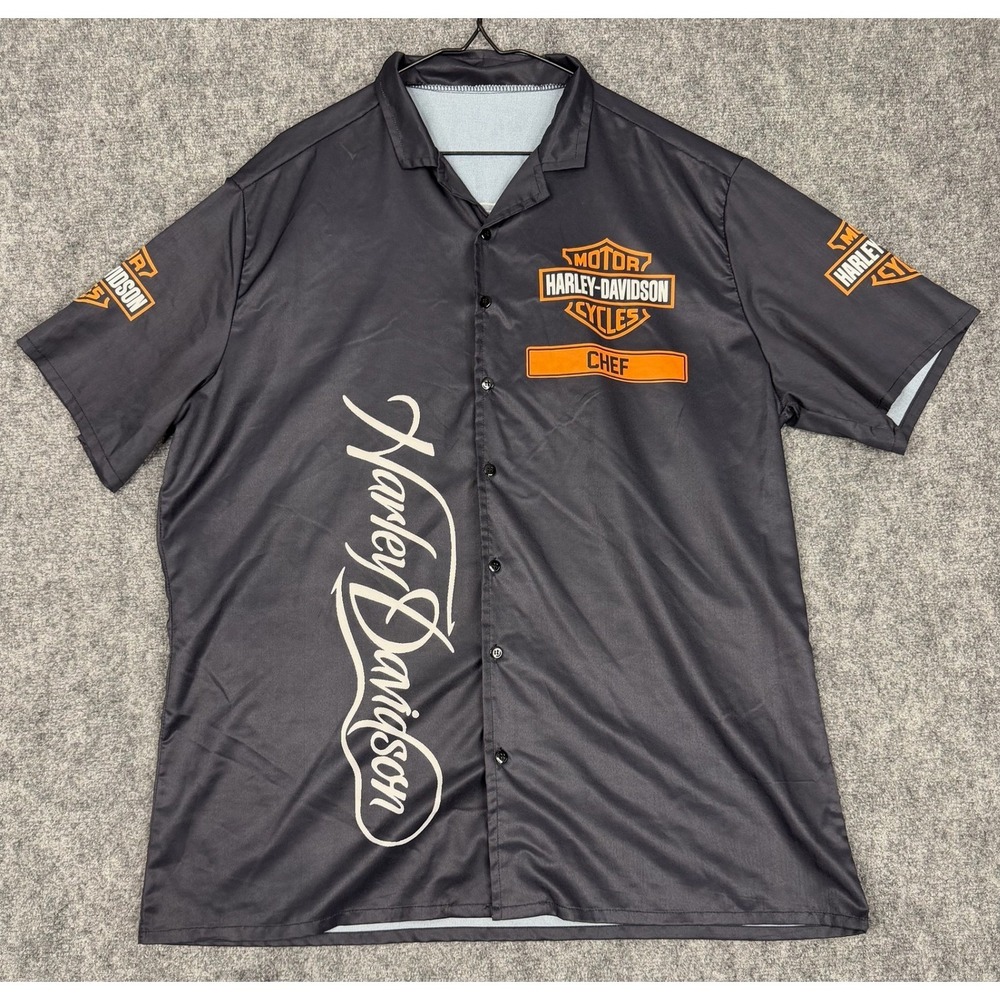 Harley Davidson Chef Button Up Shirt Mens XL Black Orange Graphic Short Sleeve
